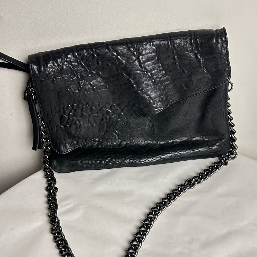 Black Crossbody Bag with Chain Strap and Textured Finish